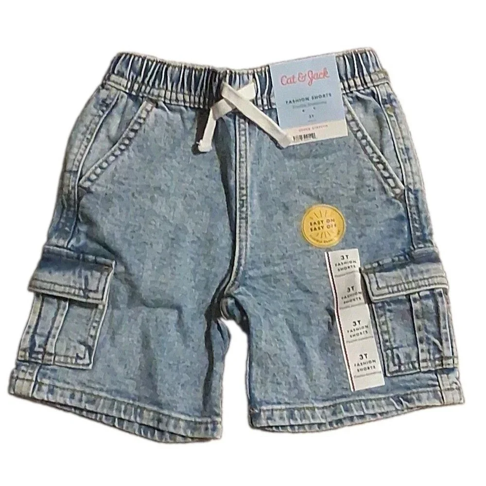 NWT Cat & Jack Toddler Boys Denim Cargo Shorts Light Wash 3T Drawstring
